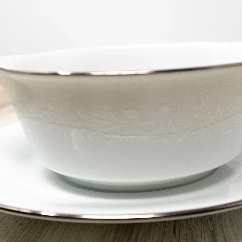 Noritake Reina Gravy Boat Attached Underplate Platinum Trim White China Vintage
